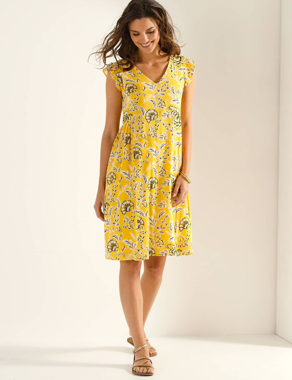 Robe courte manches volant&eacute;es, cr&eacute;pon imprim&eacute; (jaune)