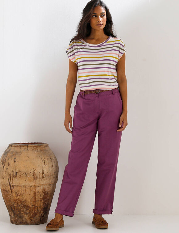 T-shirt ray&eacute; d&eacute;tail boutonn&eacute; maille jersey (&eacute;cru / violet)