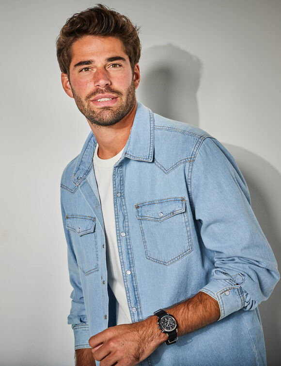 Chemise pressionn&eacute;e manches longues en jean (bleached)