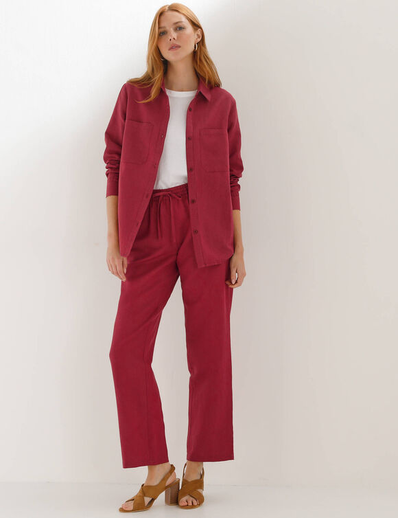 Pantalon coupe mom en coton/lin, taille &eacute;lastiqu&eacute;e (lie de vin)