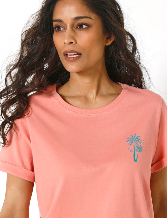 T-shirt manches courtes, imprim&eacute; poitrine palmiers (roze / celadon)