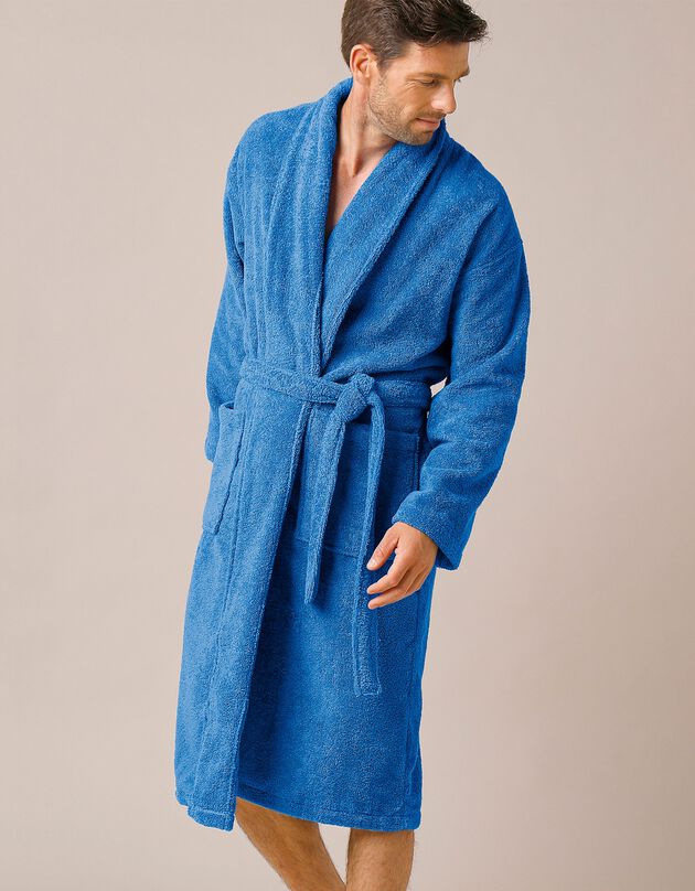 Peignoir mixte adulte col châle éponge bouclette (bleu dur)
