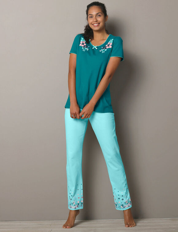 Broek met landelijk bedrukt motief &ndash; jersey van katoen (aqua)