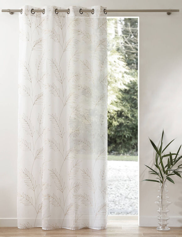 Panneau voilage brod&eacute; grandes feuilles - finition oeillets (sable)