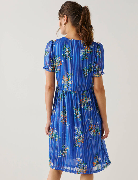 Robe courte imprim&eacute; floral, voile fils brillants (bleu / orange)