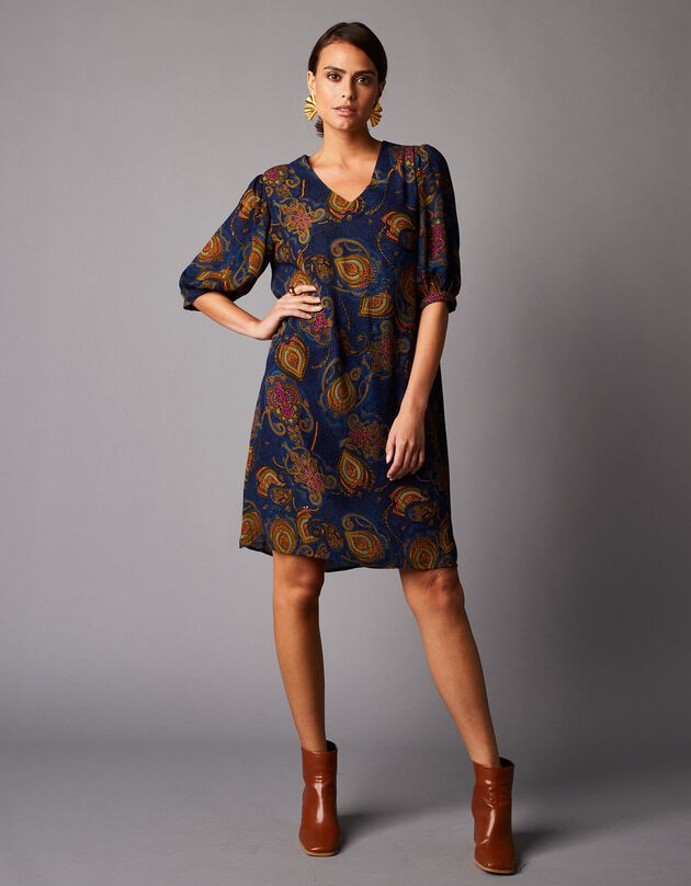Robe courte imprimée, manches coude forme ballon (bleu / safran)