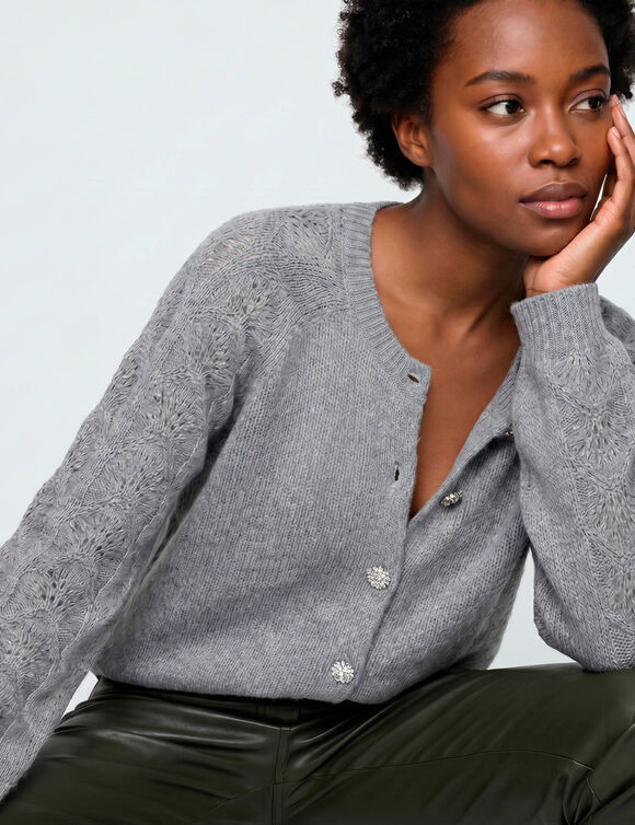 Cardigan boutons "bijoux" (gris chin&eacute;)
