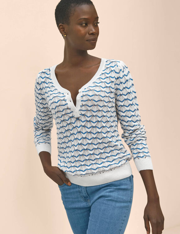 Pull col tunisien en maille fantaisie (blanc / bleu)