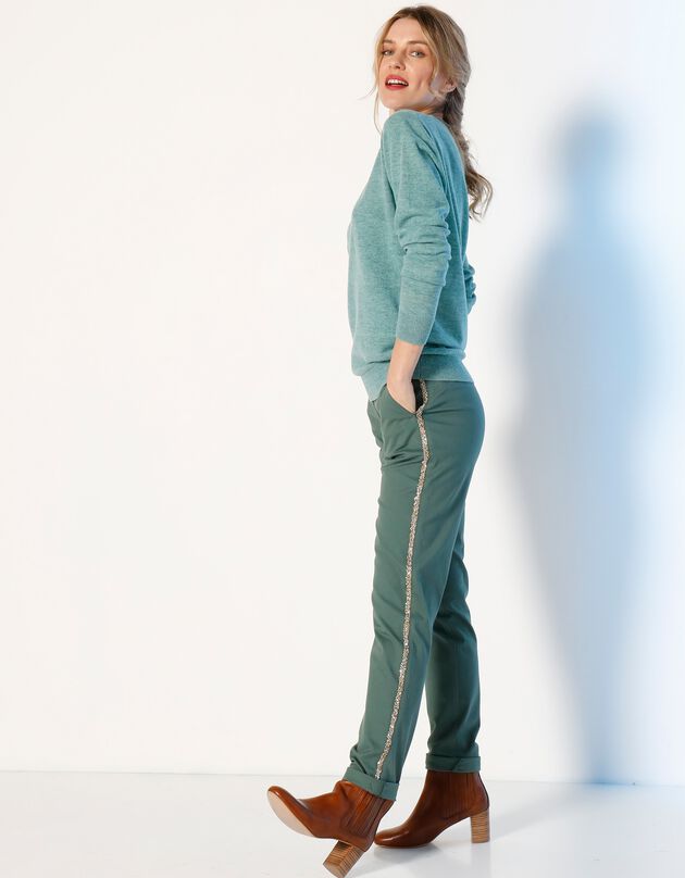 Pantalon chino bande strassée, vert sapin Pantalon chino bande strassée, vert sapin, hi-res