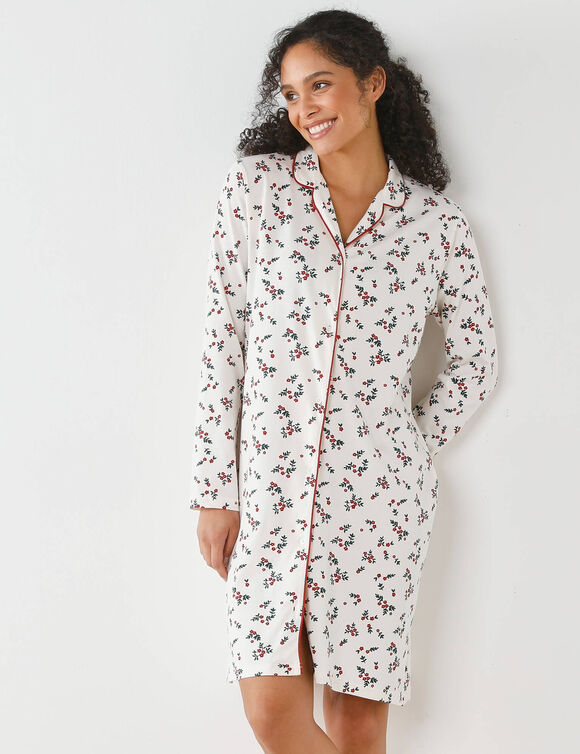 Nachthemd met reverskraag en hulstprint (ecru / kersenrood)