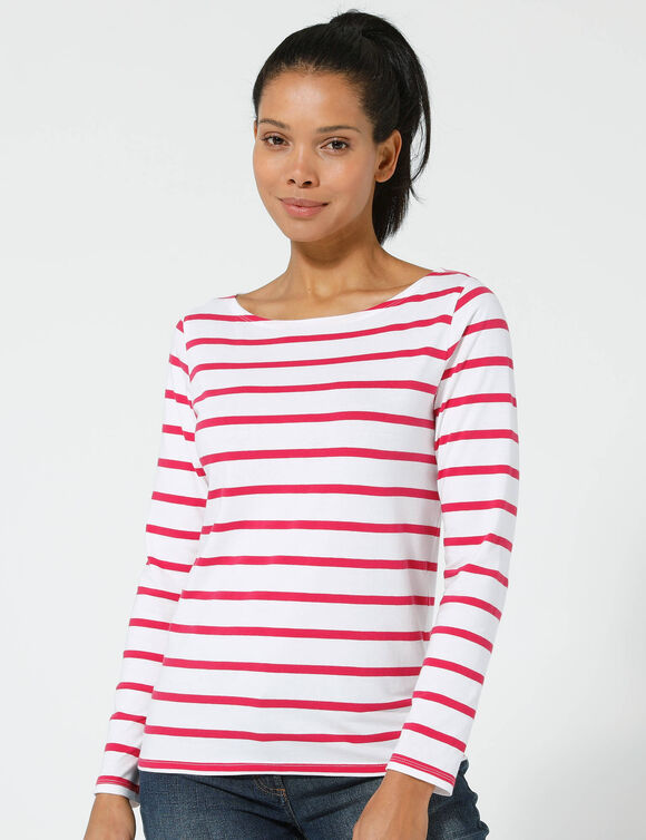 T-shirt marinière manches longues, coton biologique(**) (blanc / framboise)