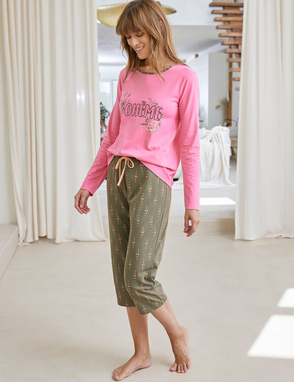 T-shirt manches longues coton uni imprimé placé "Bohème"  (rose indien)