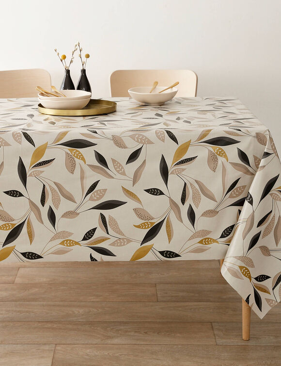 Nappe toile cir&eacute;e imprim&eacute; v&eacute;g&eacute;tal (beige / noir)