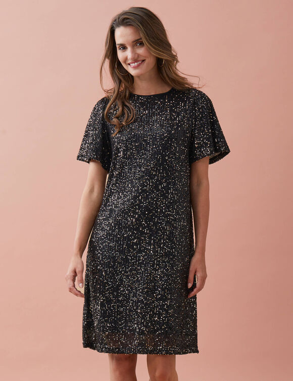Robe housse &agrave; sequins, manches coudes &eacute;vas&eacute;es (noir / cuivre)