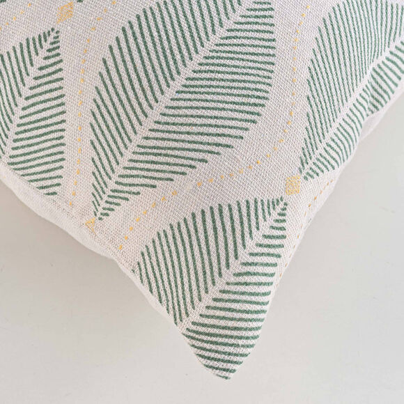 Coussin imprim&eacute; feuilles d&eacute;tails dor&eacute;s  (vert sauge)