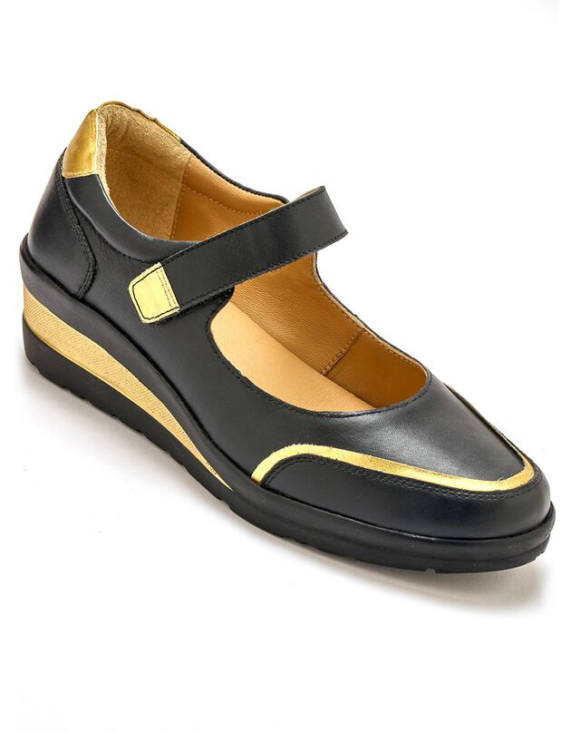 Schoentjes met riempje met comfortbreedte, leer met metallic details (zwart)