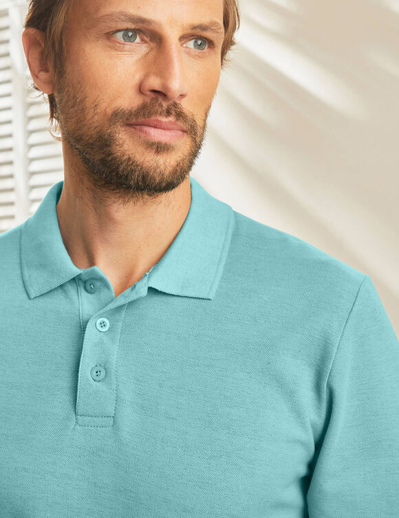Polo uni maille piquée manches longues (vert d'eau)
