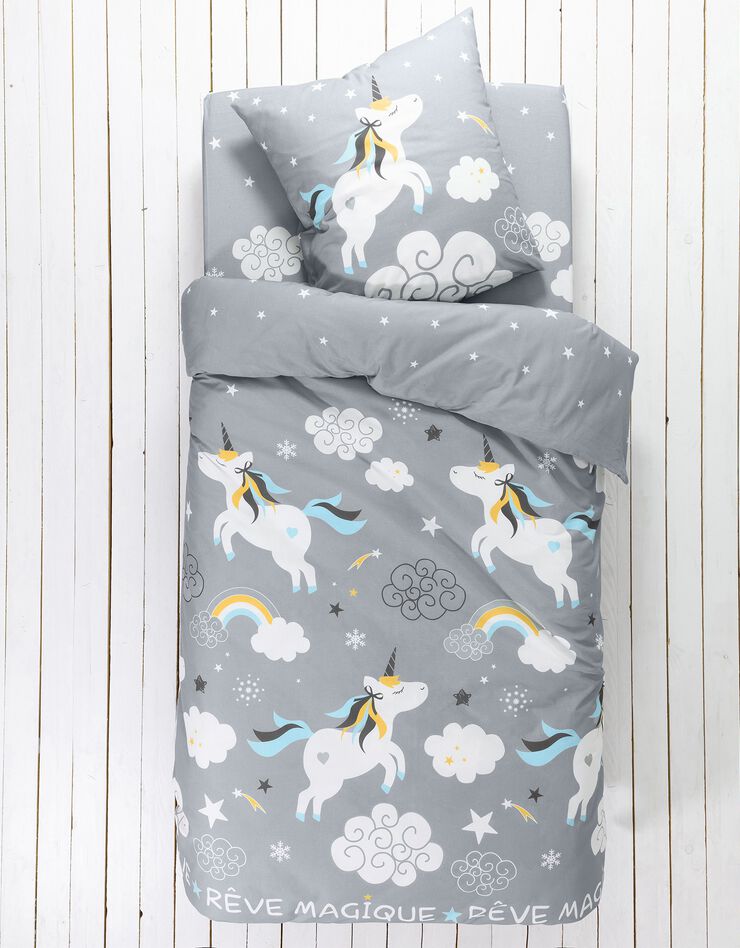 Linge de lit enfant Lilou imprimé licorne 1 personne - coton, gris Linge de lit enfant Lilou imprimé licorne 1 personne - coton, gris, hi-res image number 5