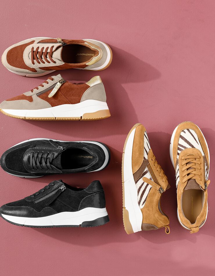 Baskets style running zippées en cuir bimatière femme - brique, brique Baskets style running zippées en cuir bimatière femme - brique, brique, hi-res image number 6
