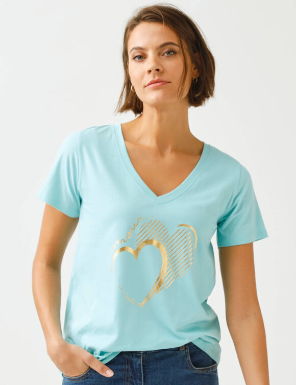 T-shirt col V imprim&eacute; dor&eacute; (aqua)