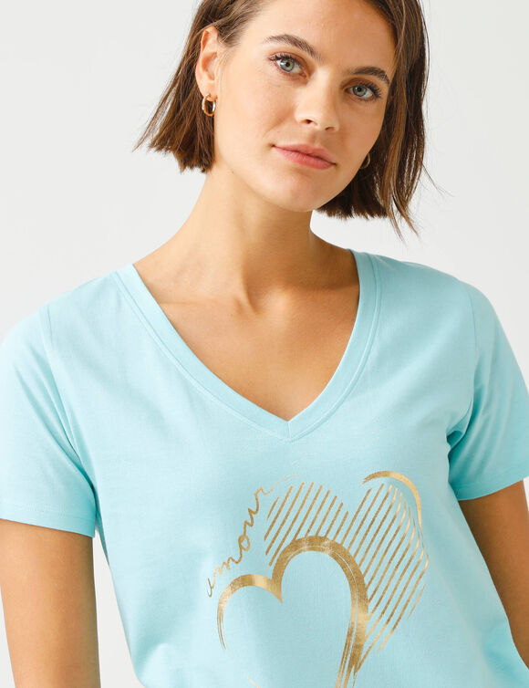 T-shirt col V imprim&eacute; dor&eacute; (aqua)