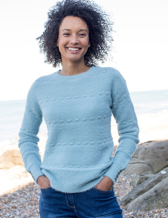 Pull col rond, maille poilue fantaisie (gris bleut&eacute;)
