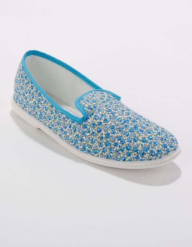 Pantoffels in muiltjesvorm, met bloemenprint (blauw)