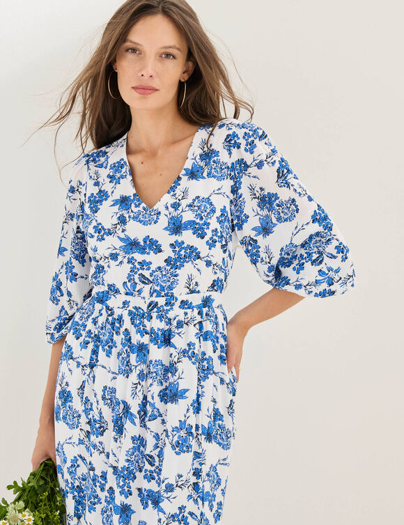 Robe longue imprim&eacute;e, dos fantaisie (blanc / bleu)