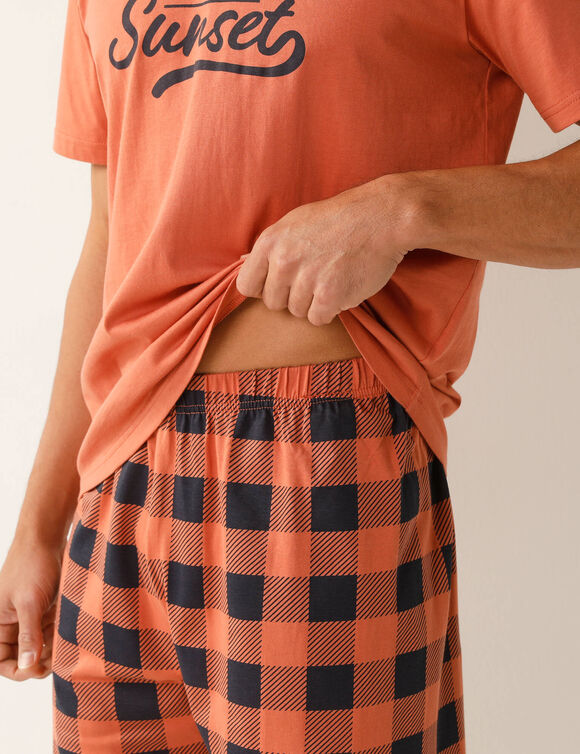 Geruite shortama in katoen met korte mouwen (abrikoos)