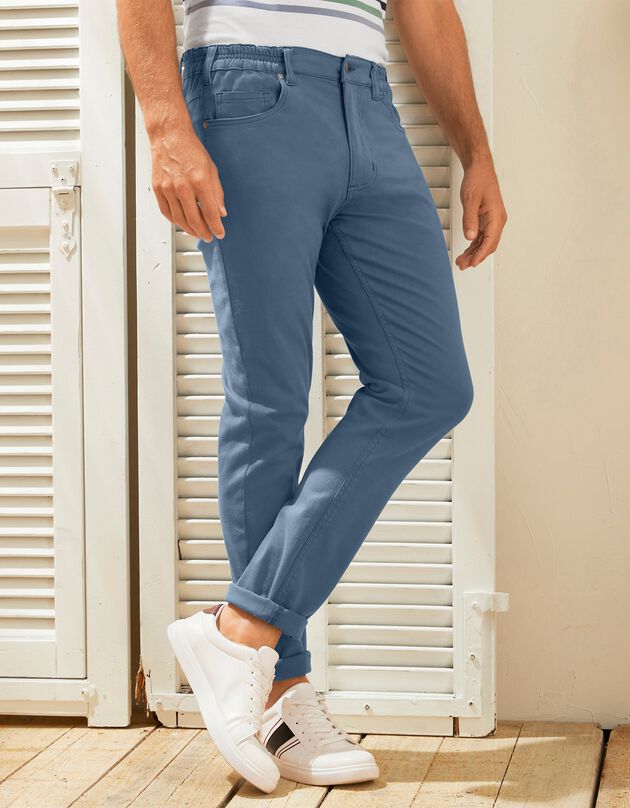 Pantalon droit 5 poches twill coton extensible (bleu grisé)