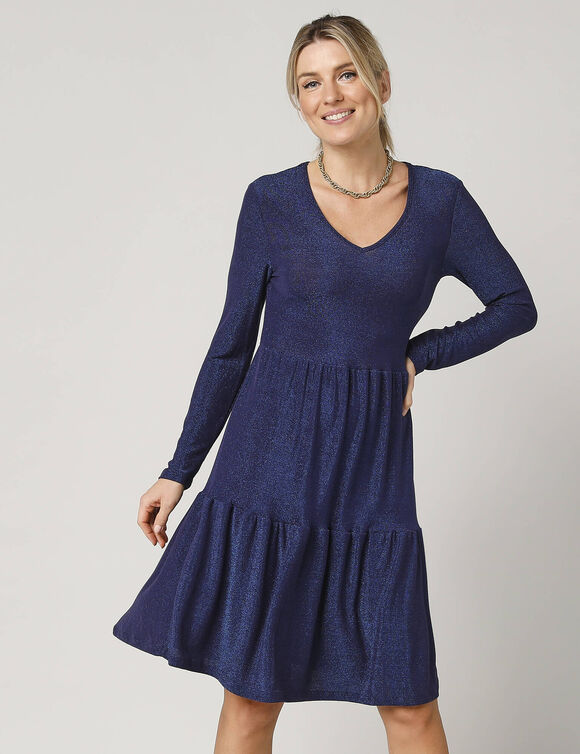 Robe courte évasée en maille brillante, manches longues (bleu dur)