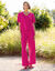 Soepelvallende blouse met V-hals en korte mouwen, effen (fuchsia)
