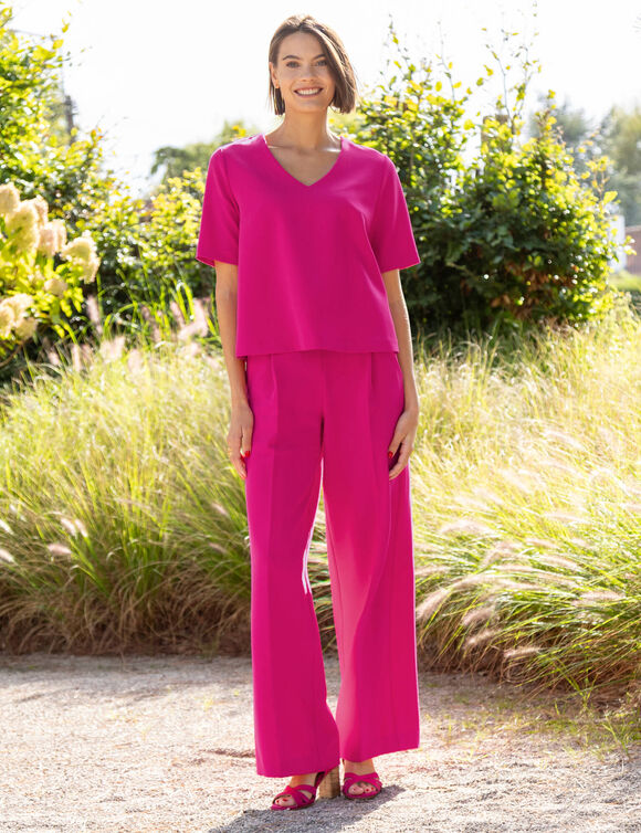 Blouse fluide col V manches courtes, unie (fuchsia)