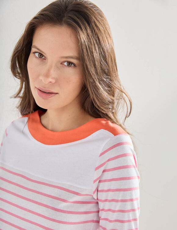 T-shirt ray&eacute; manches longues (blanc / rose)