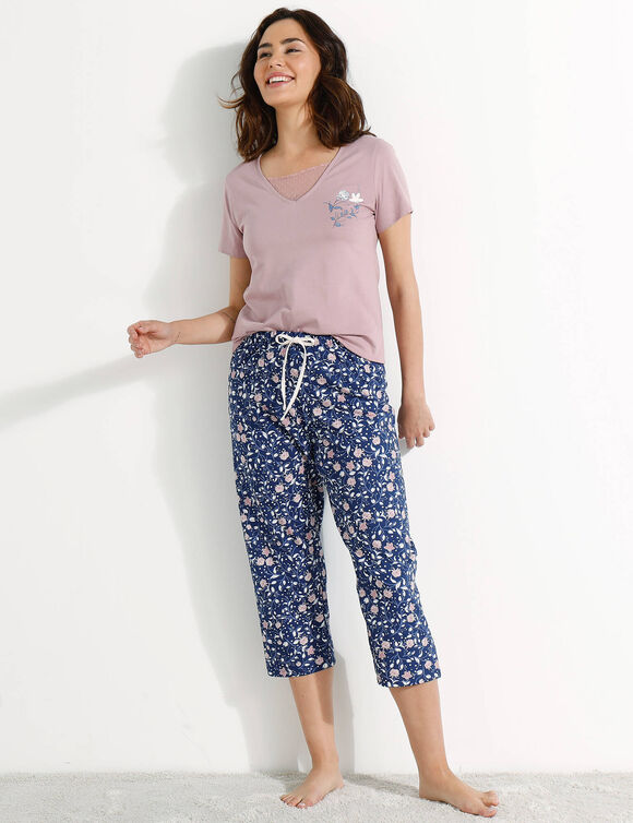 3/4-pyjamabroek in katoen met bloemenprint (marine / mauve)