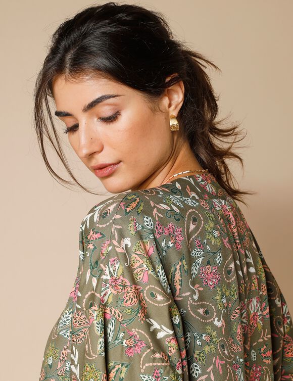 Kimono fluide imprimé, viscose (kaki / corail)