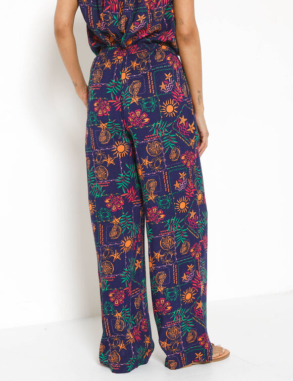 Pantalon large taille &eacute;lastiqu&eacute;e imprim&eacute; soleil, cr&eacute;pon fluide (marine / fuchsia)