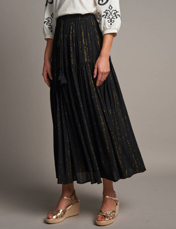 Jupon long en cr&eacute;pon et fils brillants, taille &eacute;lastiqu&eacute;e (noir / dor&eacute;)