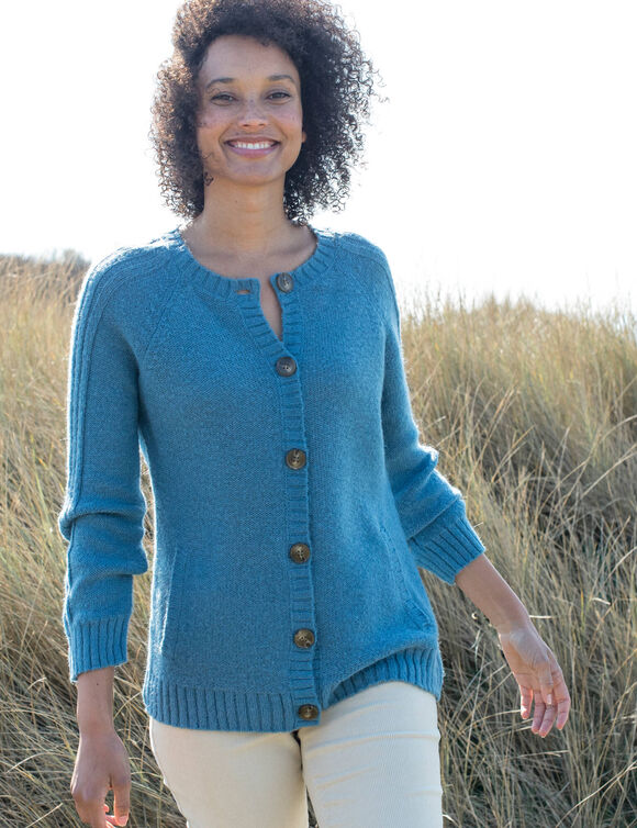 Gilet boutonn&eacute; manches longues, laine et mohair m&eacute;lang&eacute;s (bleu glacier)