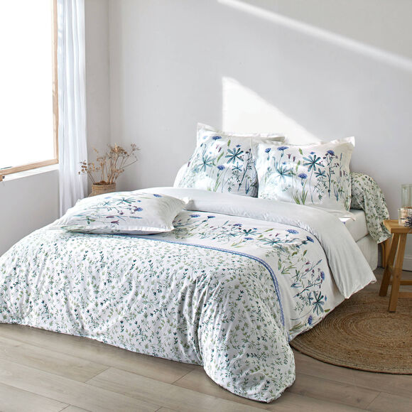 Bedlinnen Julie in katoen met plantenprint (wit / blauw)