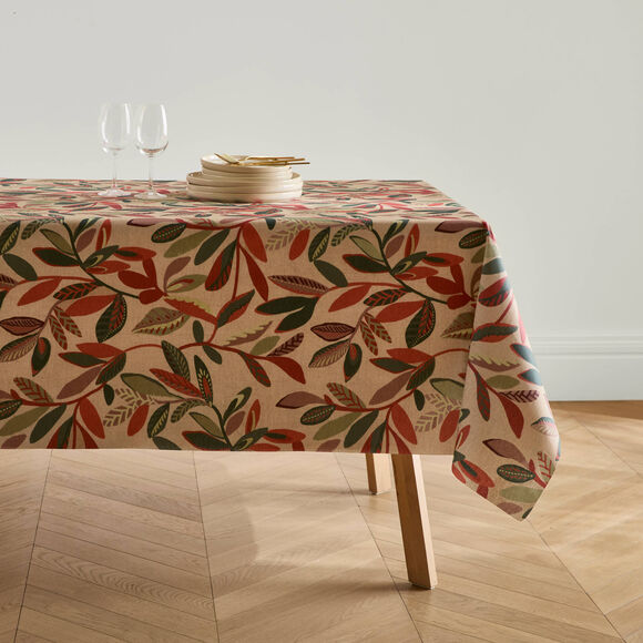 Bedrukt tafellaken met herfstprint en waterafstotende coating (groen / terracotta)