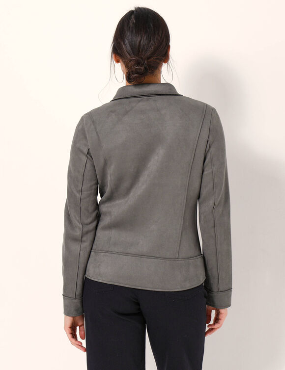 Blouson zippé col tailleur pressionné, suédine (kaki)