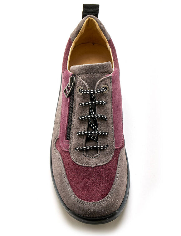Wandelsneakers met rits en veters, breed model in leer (grijs / roze)