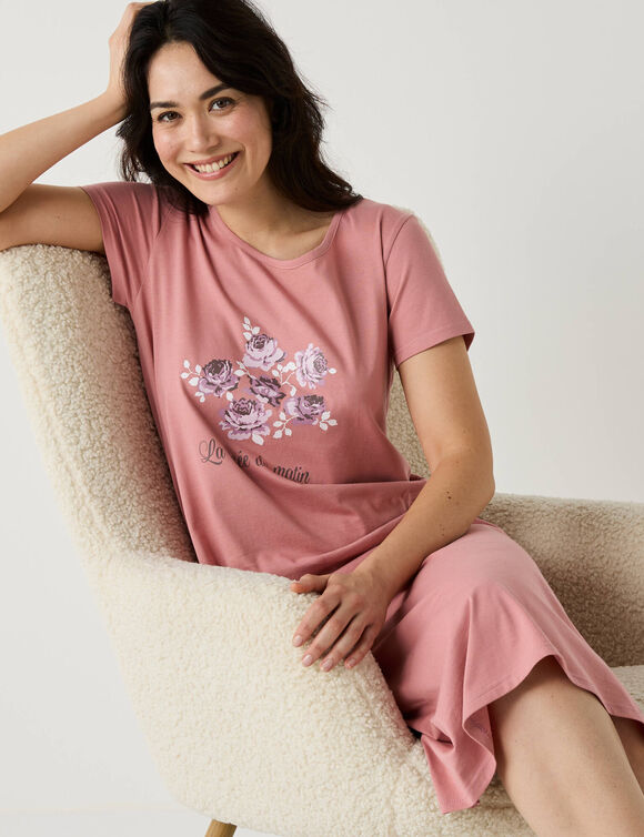 Chemise de nuit longue manches courtes  (rose)