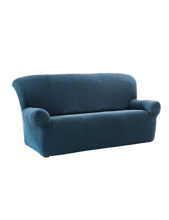 Getextureerde, bi-rekbare hoes voor zitbank en fauteuil met armleuningen (blauw)
