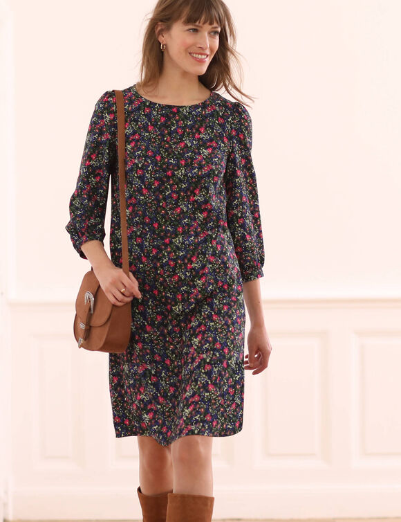 Robe droite manches 7/8ème imprimée (marine / rose)