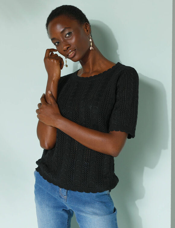Pull festonné col rond manches coudes, maille ajourée fantaisie (noir)