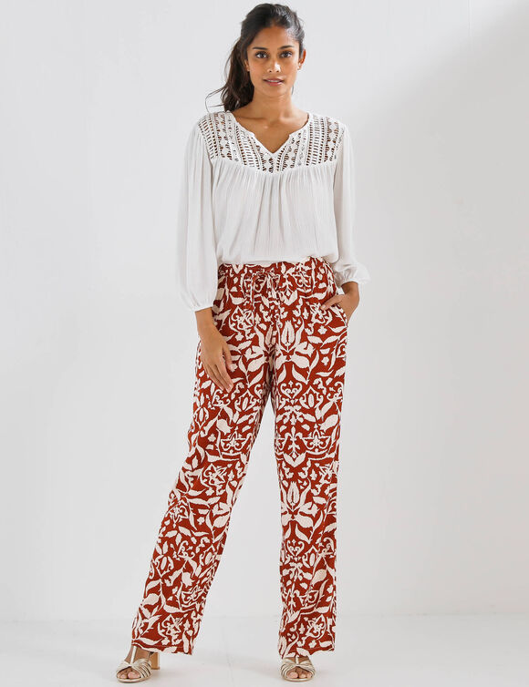 Pantalon large fluide, imprim&eacute; bicolore (terracotta / beige)