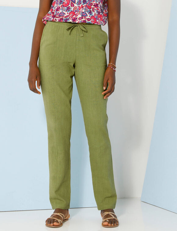 Pantalon fusel&eacute; fluide, lin-coton (vert mousse)