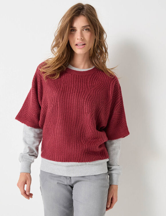 Pull poncho manches coudes, maille anglaise et torsades (bordeaux)